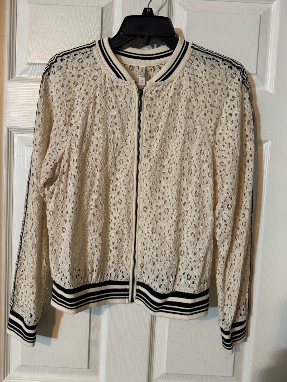Women's Cream Lace Bomber Jacket with Black Trim